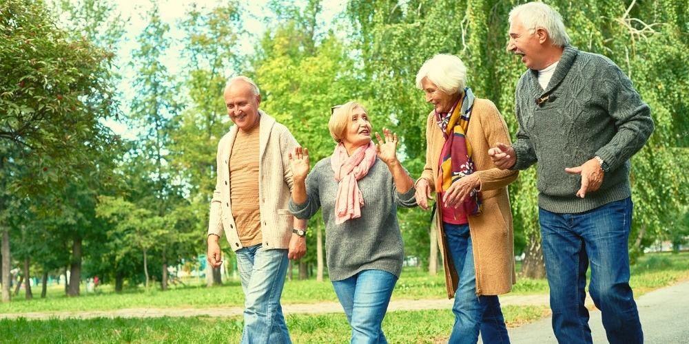 Older people out walking in the woods together. Seniors walking groups are a great community activity for seniors.