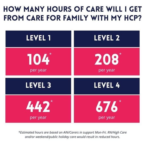 Chart displaying estimated yearly hours of care for home care packages by level: 104 hours for level 1, 208 hours for level 2, 442 hours for level 3, and 676 hours for level 4.